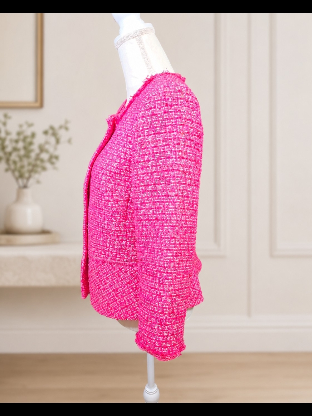 Talbots Hot Pink Bouclé Jacket with White Straight-Leg Pants NWOT - Picture 3 of 7